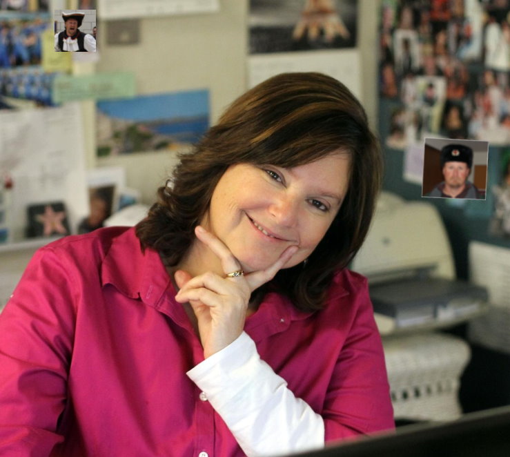 Woman at desk posing for photo, around her head are smaller photos of a man